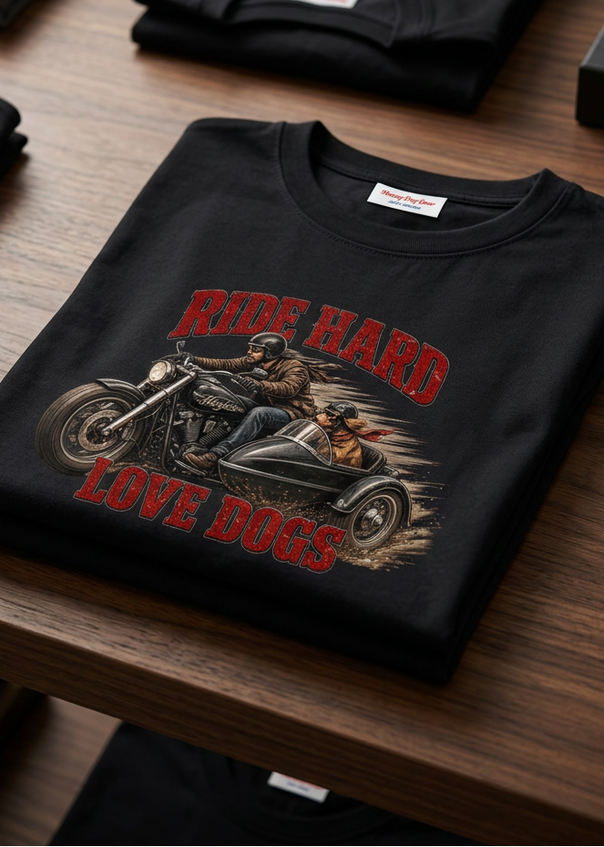Ride Hard & Love Dogs men's tee shirt by HawgDog Gear, black, front