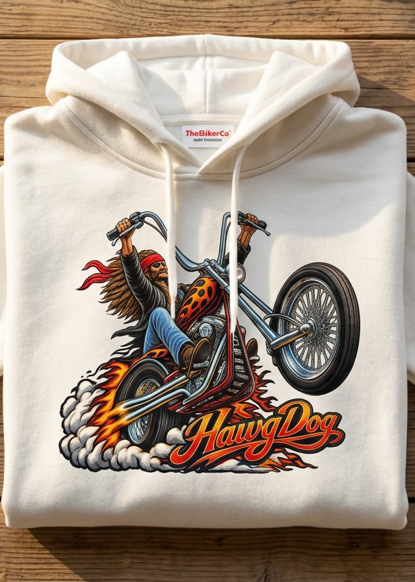 Front of the white Wild Wheelie hoodie with the wheelie chopper graphic, laid flat on a wooden table