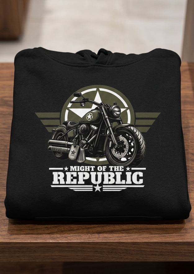Front of the white HawgDogs Might of The Republic Rear Print Men's Hoodie with the chest emblem on a wooden hanger