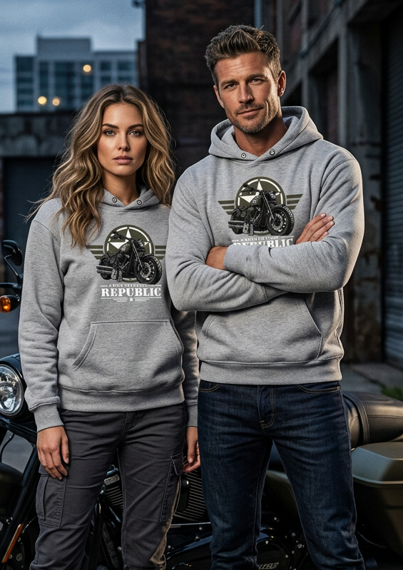 Couple wearing flower gray HawgDogs Might of The Republic Ultimate Fleece-147 Hoodies showing the front military star and motorcycle graphic