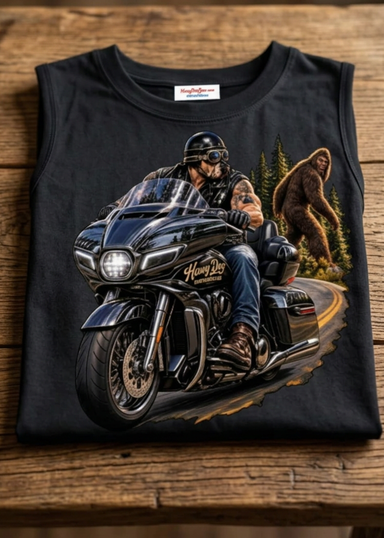 Front of the black Follow The Unknown men's tank top with the Bigfoot and touring motorcycle graphic, laid flat on a wooden table