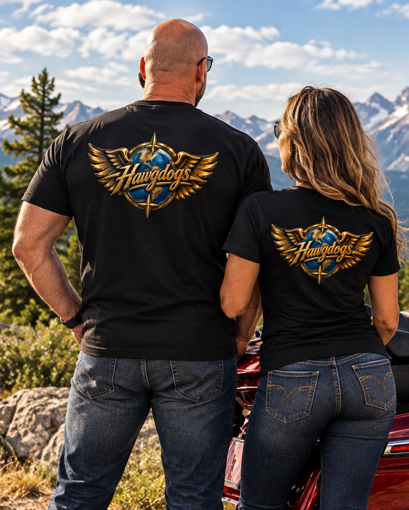 Back of black Wings of The Open Road tees with the gold winged logo