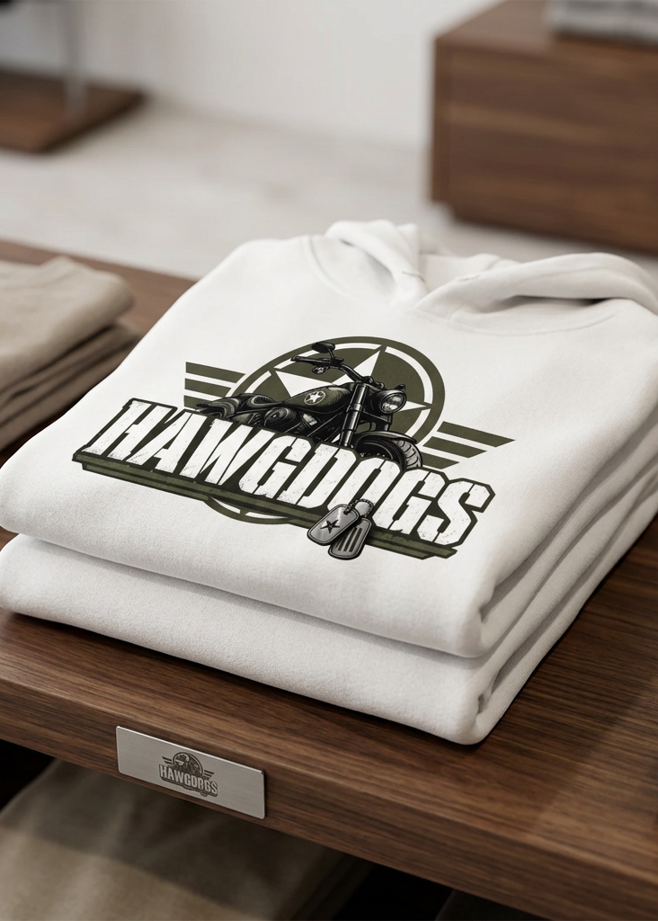 Back of the white HawgDogs Might of The Republic Ultimate Fleece-147 Hoodie with the HawgDogs military star and dog tags emblem, folded on a table