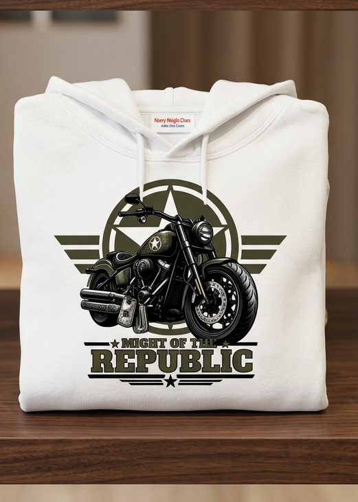 Front of the white HawgDogs Might of The Republic Men's Hoodie on a wooden hanger