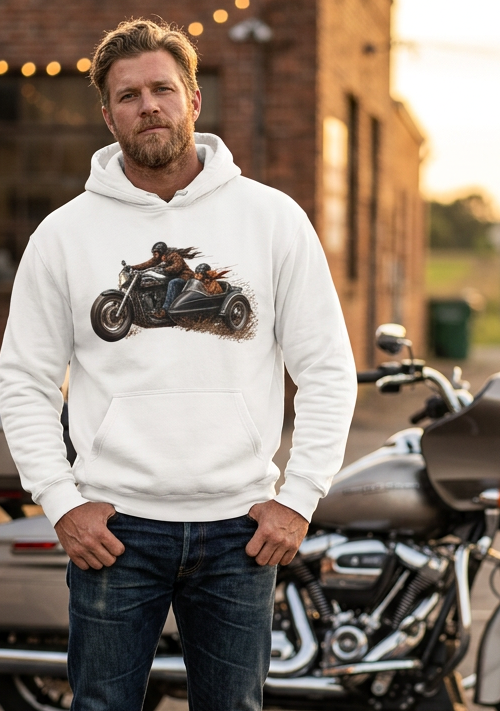 Close-up of the Side Hustle Golden Retriever rider and sidecar cat graphic on the white hoodie