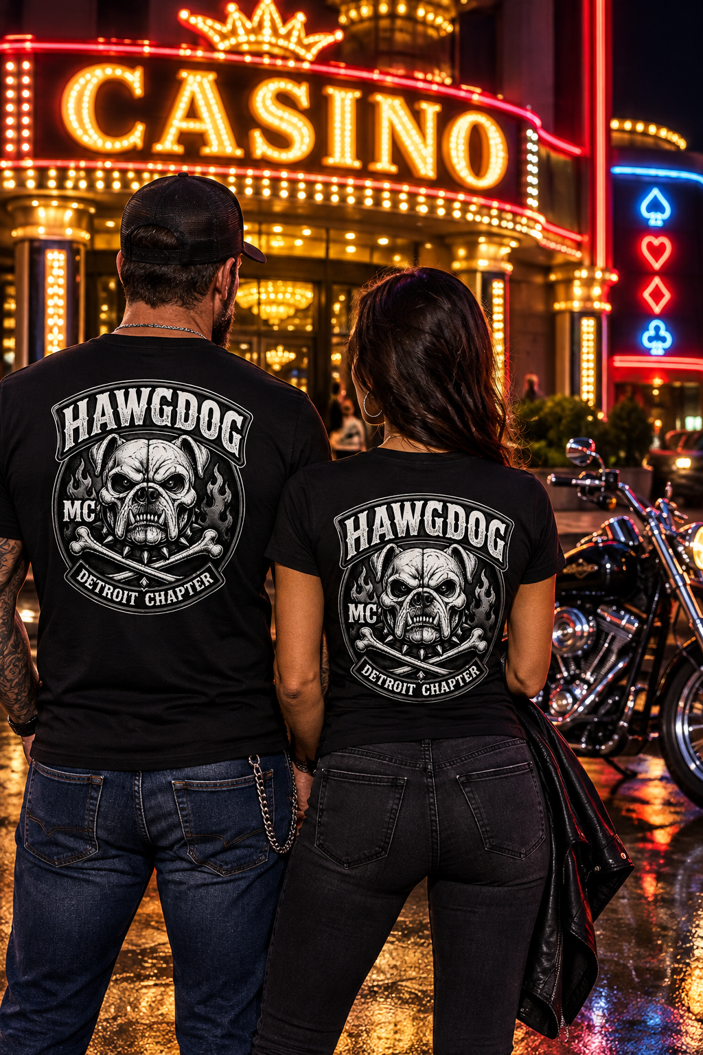 Thunderhead men's tee shirt by HawgDog Gear, black, back, worn by a rider couple