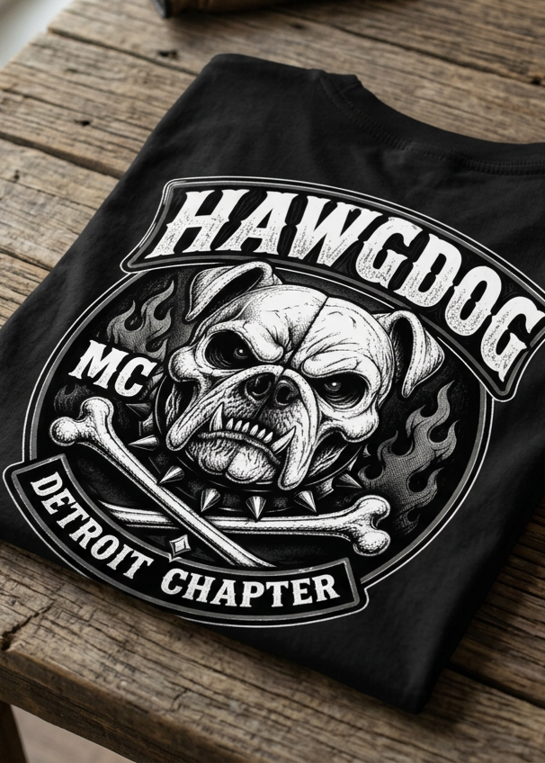 Back of the black Thunderhead tee with the HawgDog skull graphic, folded on a wooden table