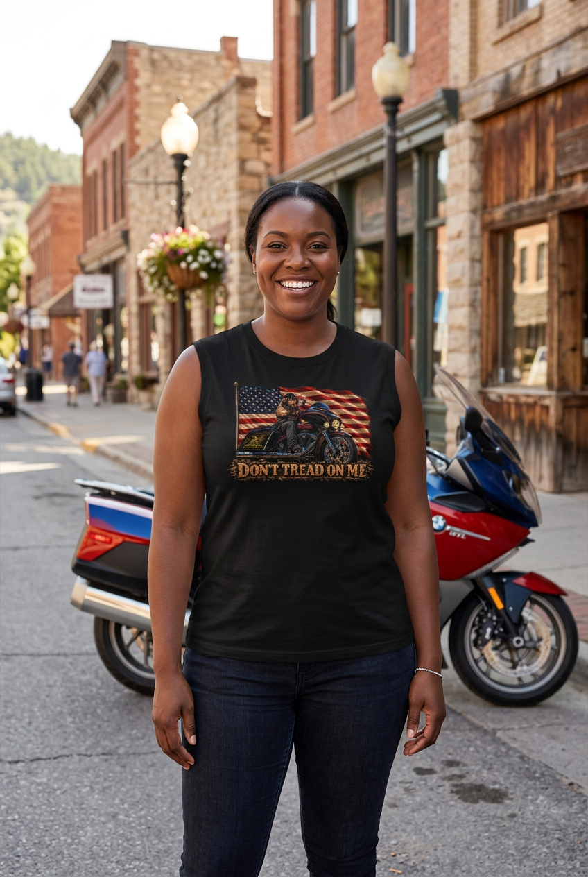 Woman in the black Don't Tread Doggo women's crewneck tank downtown with motorcycles