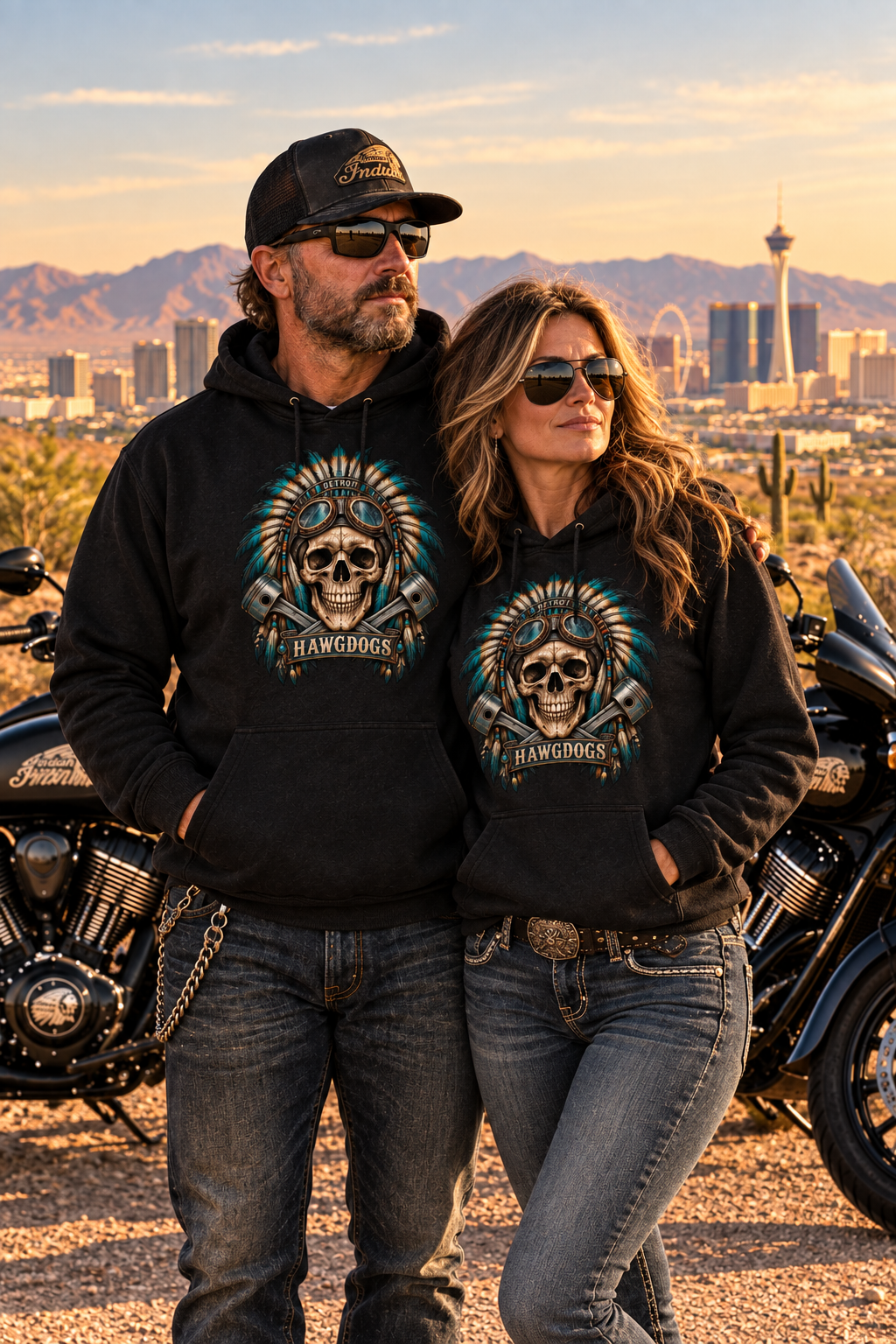 Couple wearing black Native Detroit hoodies with a city skyline behind them