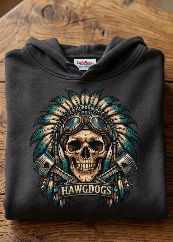 Front of the black Native Detroit hoodie with the headdress skull graphic, laid flat on a wooden table