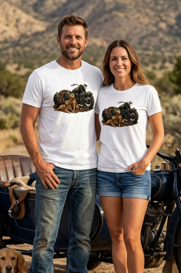 Front of the Lucent White HawgDogs Golden Hour tee with two golden retrievers resting beside a vintage green motorcycle and sidecar
