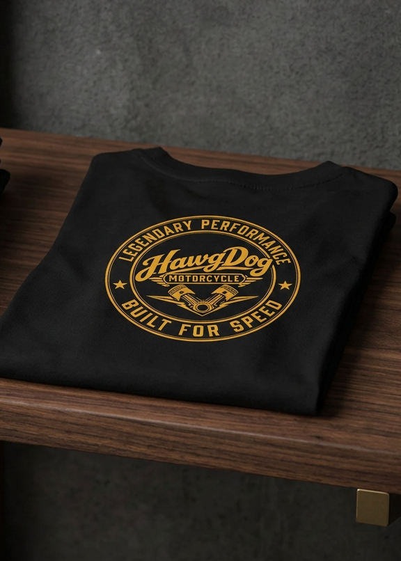 Back of the black Camshaft Carol men's tank top with the Built for Speed gold seal, folded on a wooden table