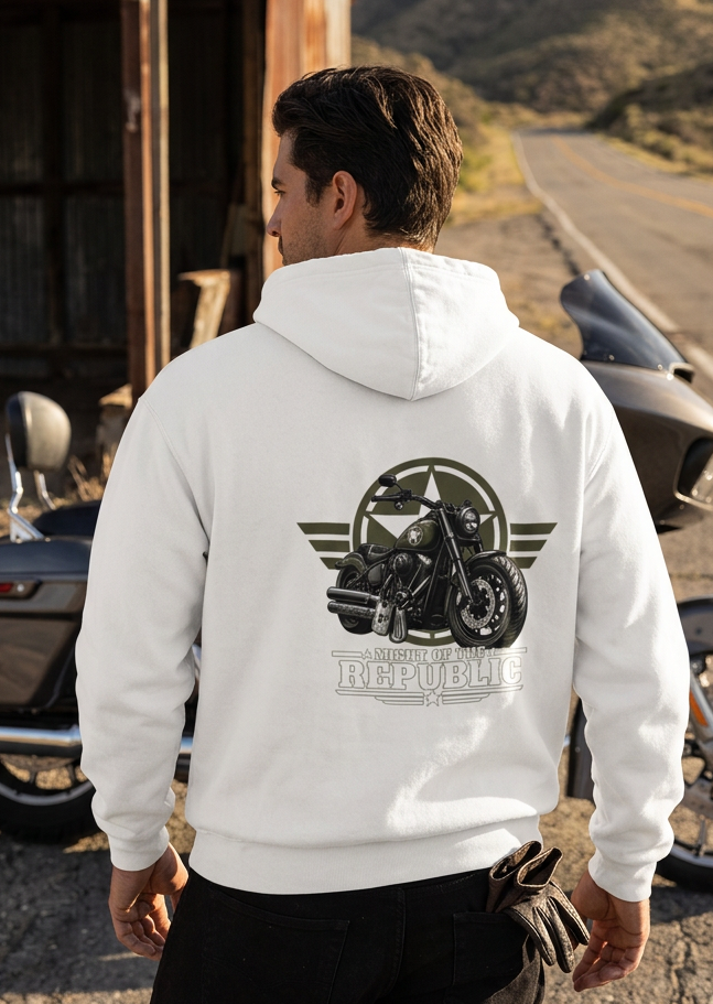 Close-up of the Might of The Republic patriotic V-twin back graphic on the white hoodie