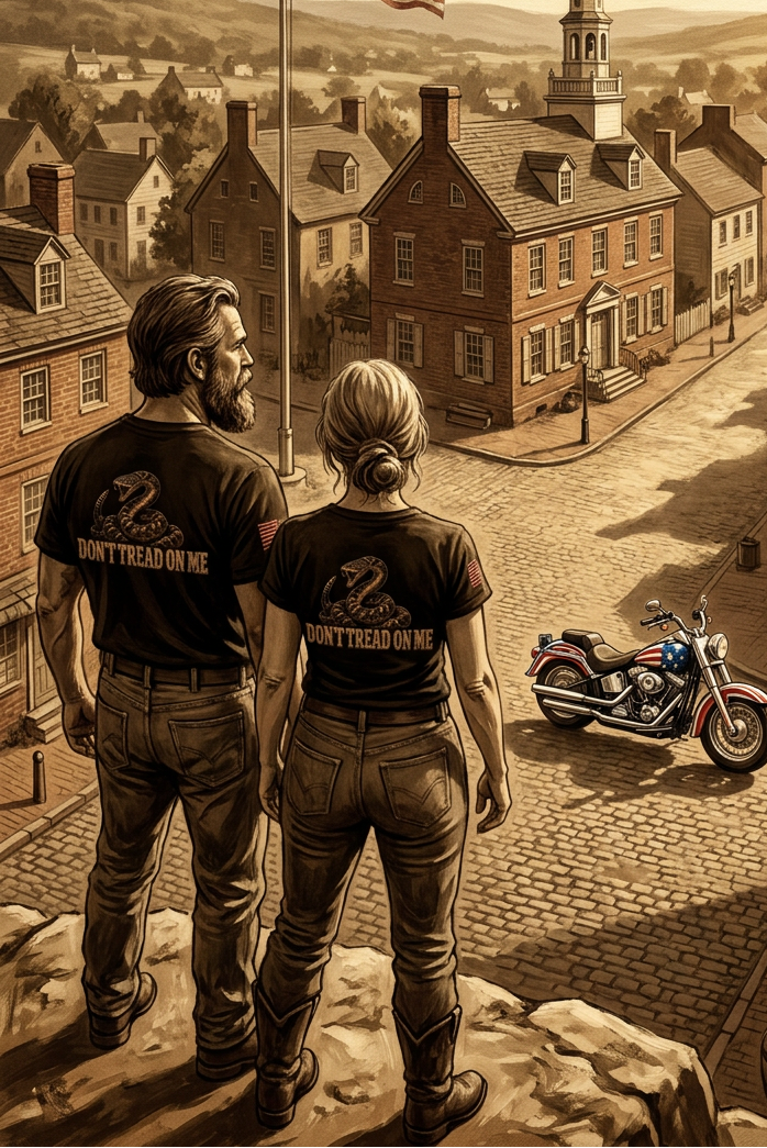 Back of black Don't Tread Doggo tees on a couple overlooking a small town