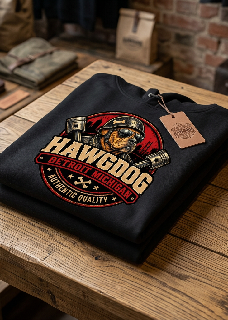 Back of the white HawgDogs Loud Pipes Save Lives Men's Hoodie with the HawgDog Detroit emblem, folded on a wooden table