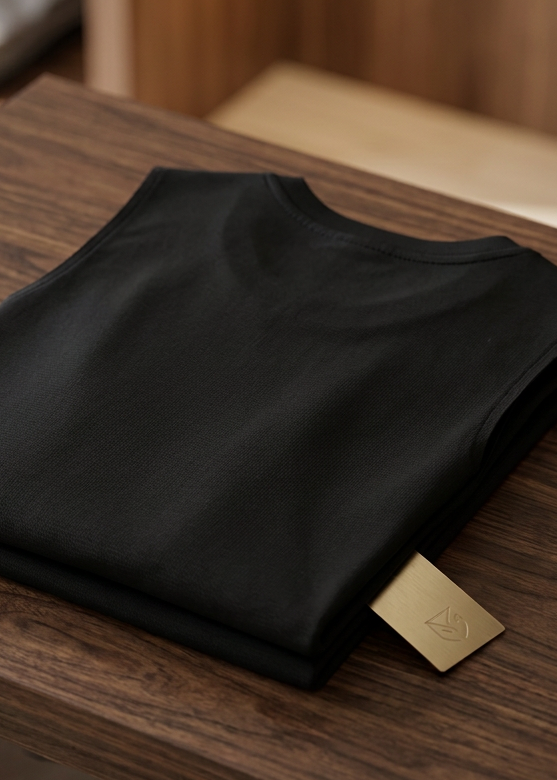 Back of the black Classic Gold Eagle men's tank top, folded on a wooden table