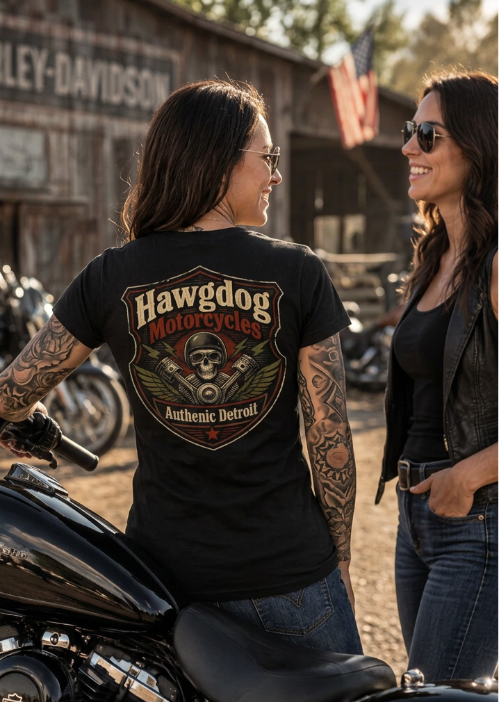 Back of the black No-One Rides for Free tee with the HawgDog logo graphic