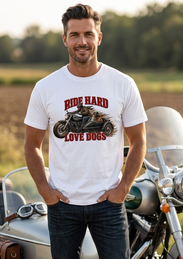 Ride Hard & Love Dogs men's tee shirt by HawgDog Gear, white, front