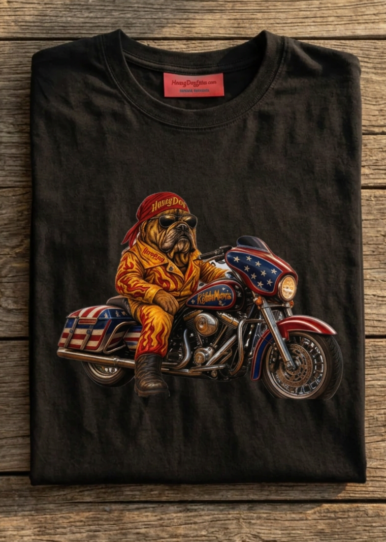 Front of the black The Barkster tee with the Barkster dog rider graphic, laid flat on a wooden table