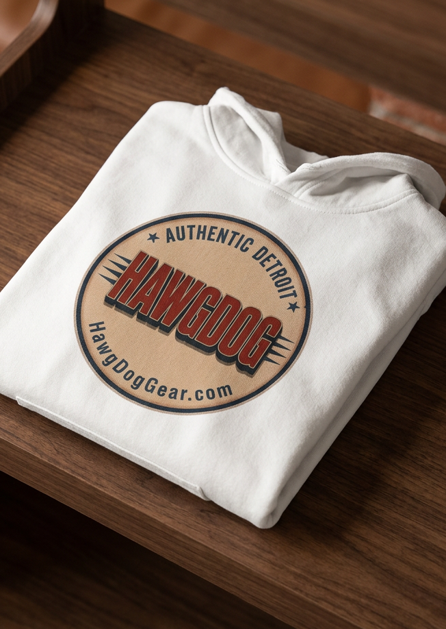 Back of the white HawgDogs Golden Hour Men's Hoodie with the HawgDog Detroit emblem, folded on a wooden table