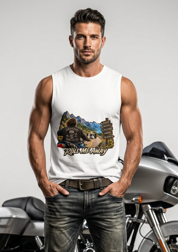 Man in the white Roll Me Away men's tank top in a mountain setting