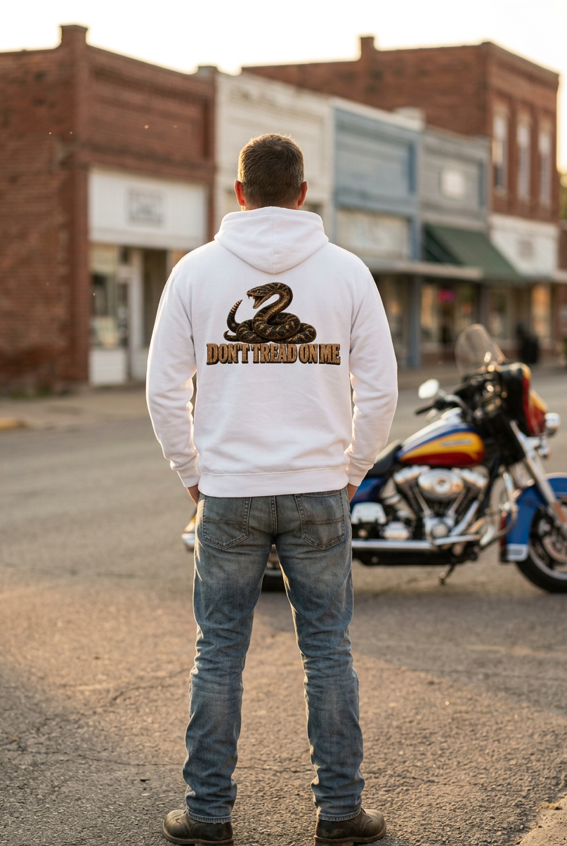 Back of the white Don't Tread Doggo premium hoodie with the coiled snake graphic