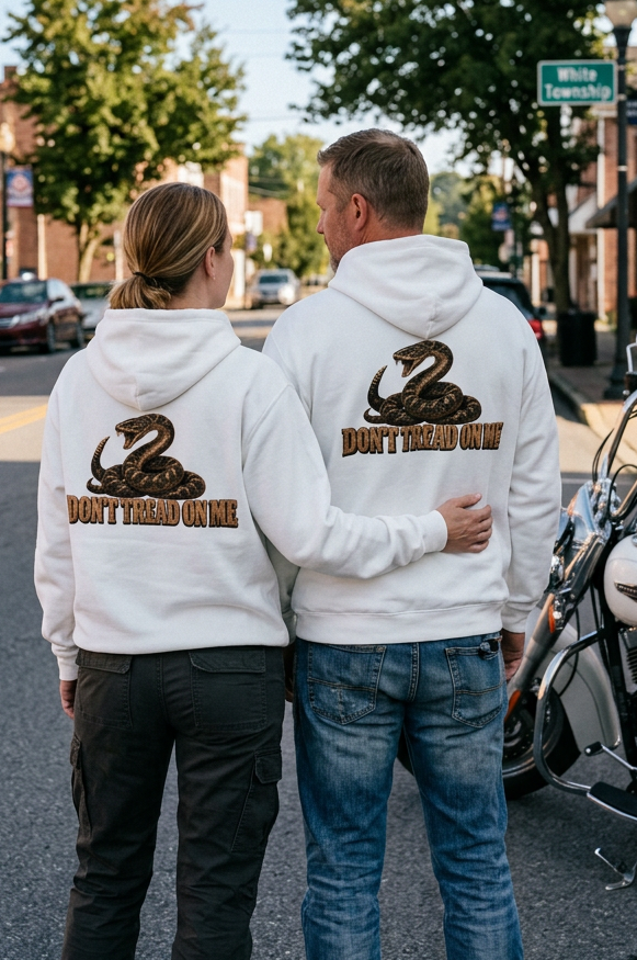 Back of white Don't Tread Doggo hoodies with the coiled snake graphic