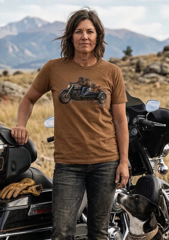Man wearing the Caramel Macchiato HawgDogs Side Hustle tee beside a touring motorcycle with a black and white dog