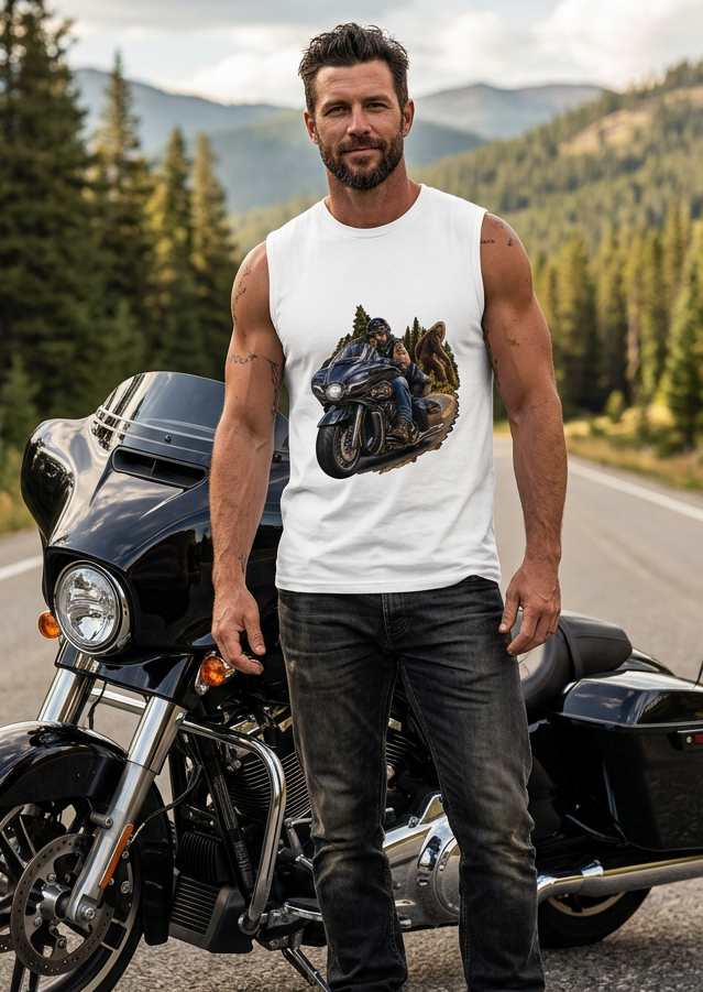 Man in the white Follow The Unknown men's tank top beside his touring motorcycle in a pine forest