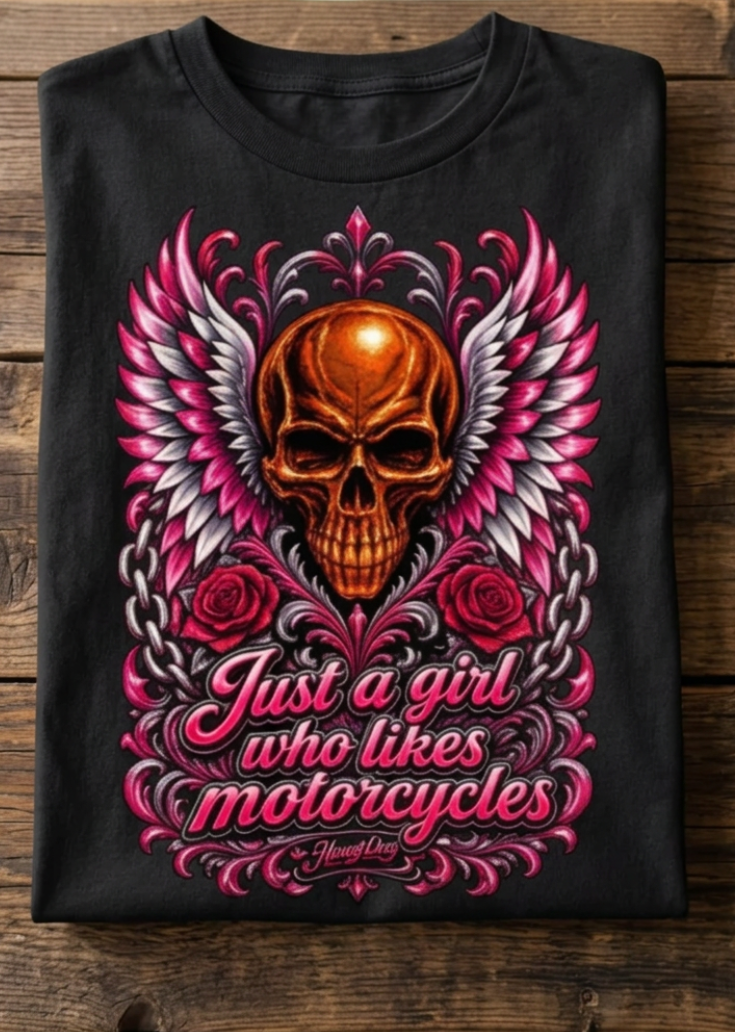 Front of the black Just A Girl Who Likes Motorcycles women's tee with the winged skull graphic, laid flat on a wooden table
