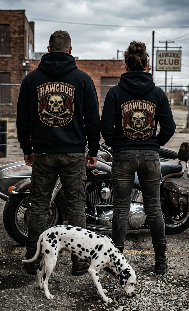 Back of black Ride Hard & Love Dogs hoodies with the HawgDog skull patch and a Dalmatian