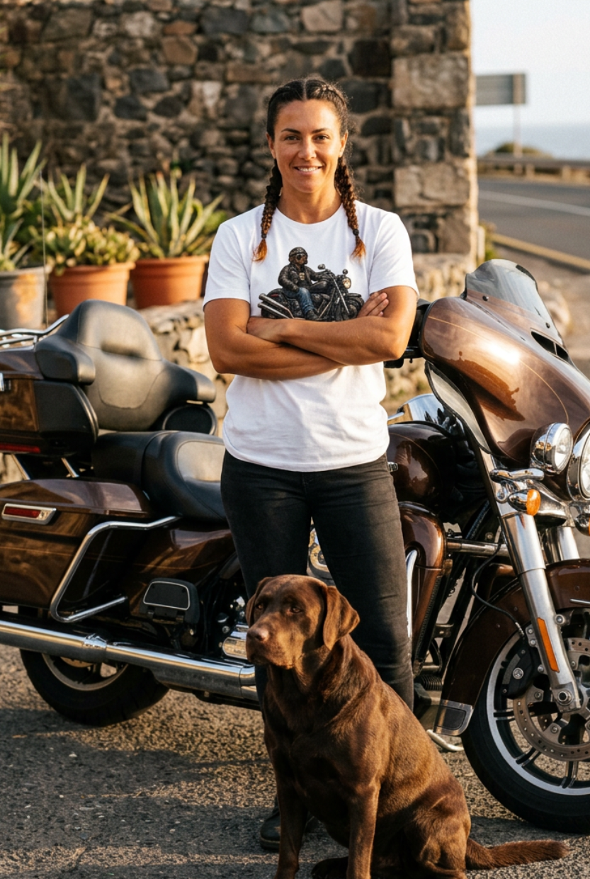 Woman wearing the Lucent White HawgDogs Chocolate Biker tee with a chocolate Lab beside a touring motorcycle
