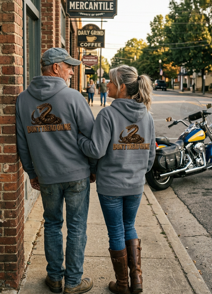Back of gray Don't Tread Doggo premium hoodies on a couple by their motorcycle