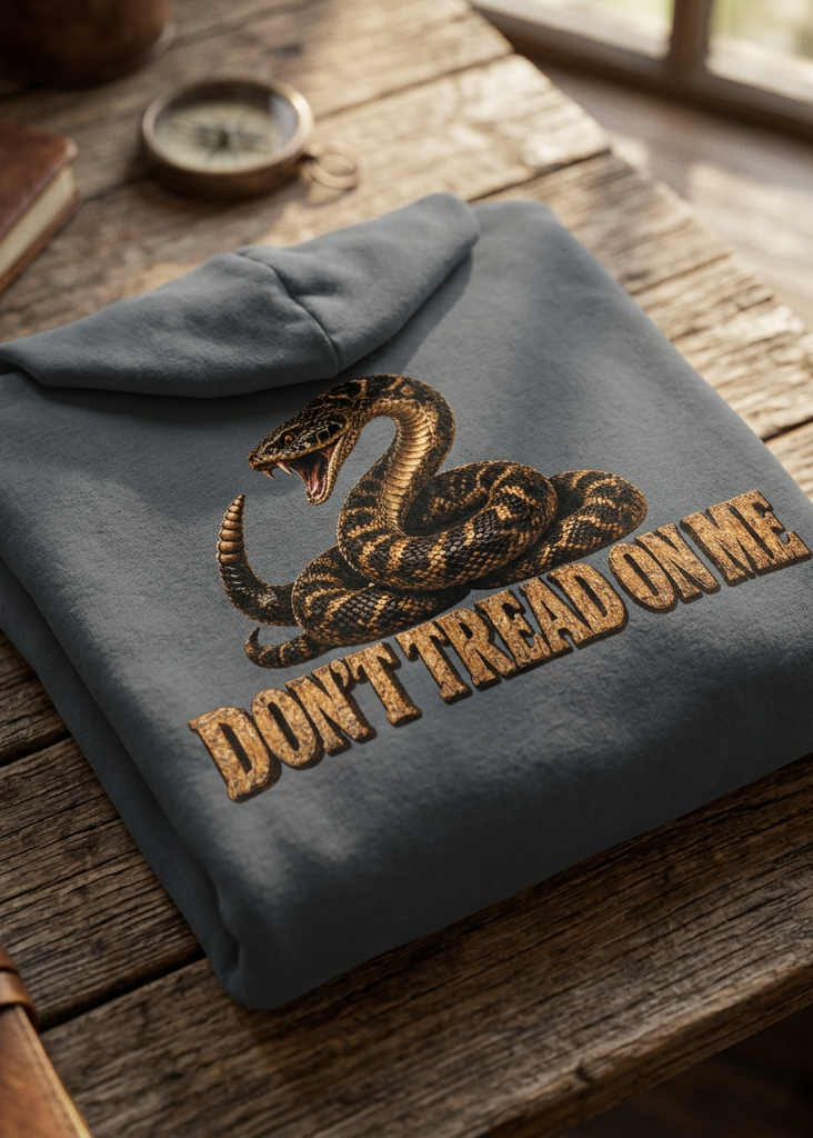 Back of the gray Don't Tread Doggo premium hoodie with the coiled snake graphic, folded on a wooden table