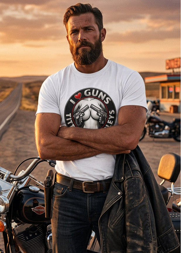 I ♥ Guns & Harleys men's tee shirt by HawgDog Gear, white, front