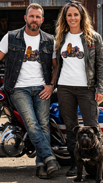 Front of the Lucent White HawgDogs Patriotic Pooch tee with a dog in an orange flame jumpsuit, red bandana and shades riding a stars-and-stripes touring bike
