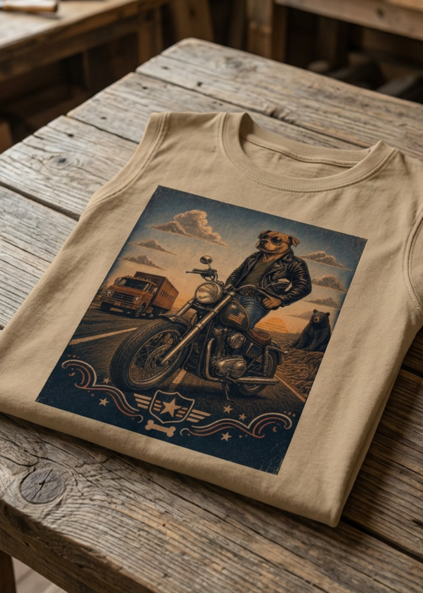 Front of the khaki Keep on Bikin' women's crewneck tank with the Keep on Bikin' rider graphic, laid flat on a wooden table