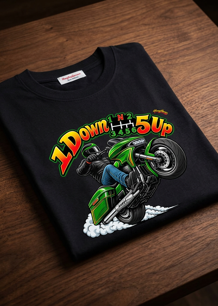 Wild Wheelie 1 Down 5 Up men's tee shirt by HawgDog Gear, black, front