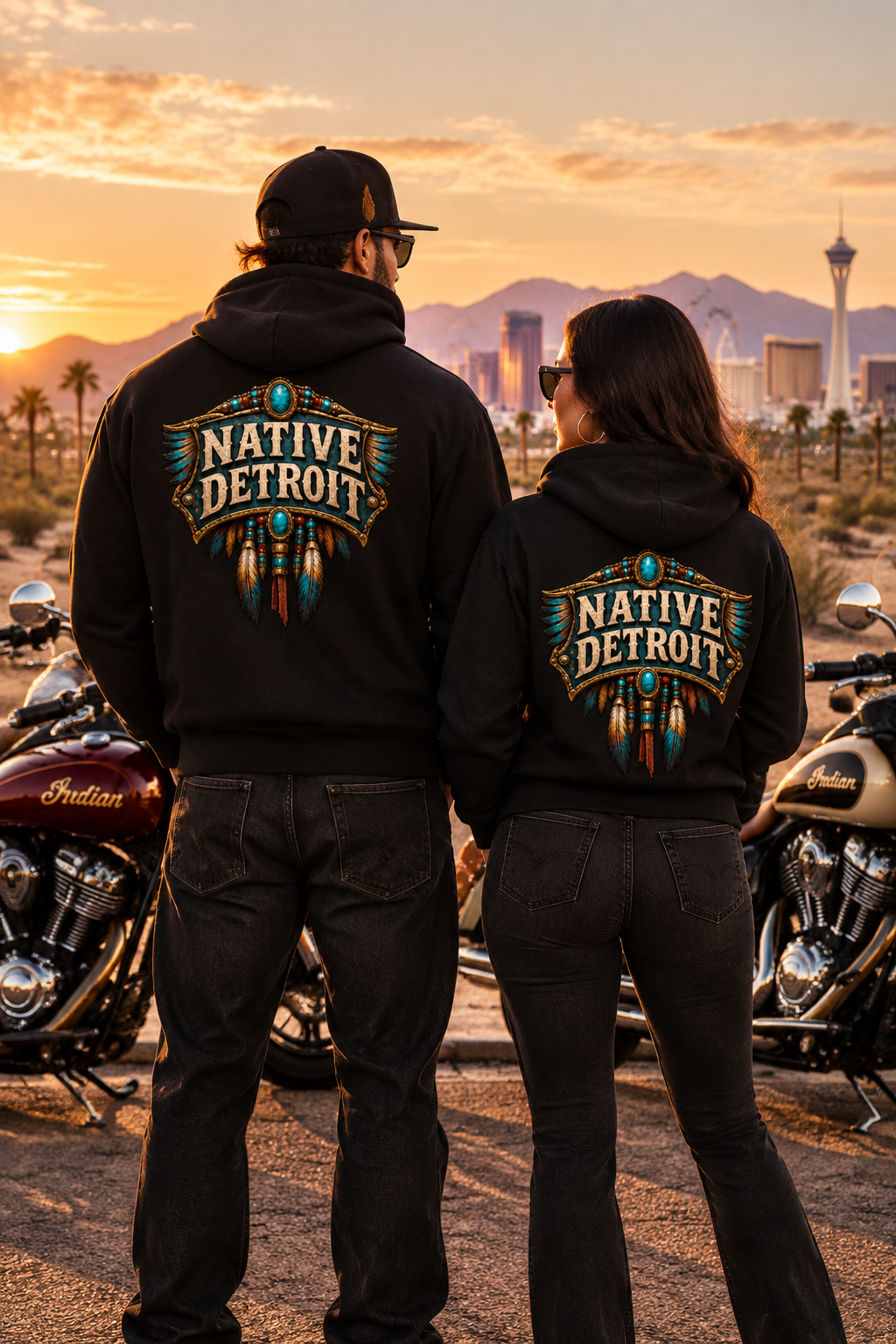 Back of black Native Detroit hoodies on a couple at sunset