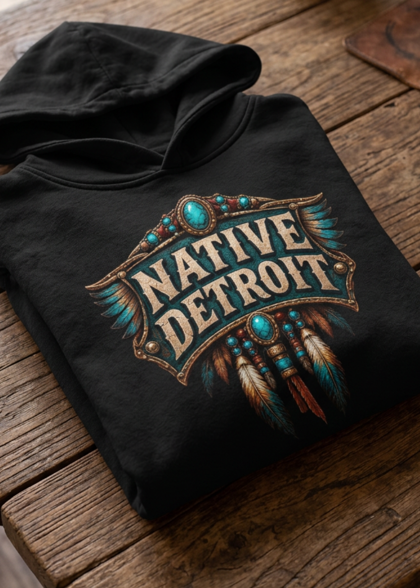 Back of the black Native Detroit hoodie with the Native Detroit shield, folded on a wooden table