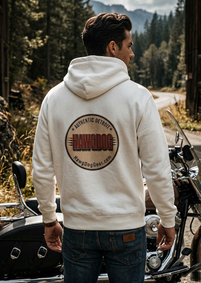 Close-up of the HawgDog Detroit Chapter back emblem on the white Boston Terrier hoodie