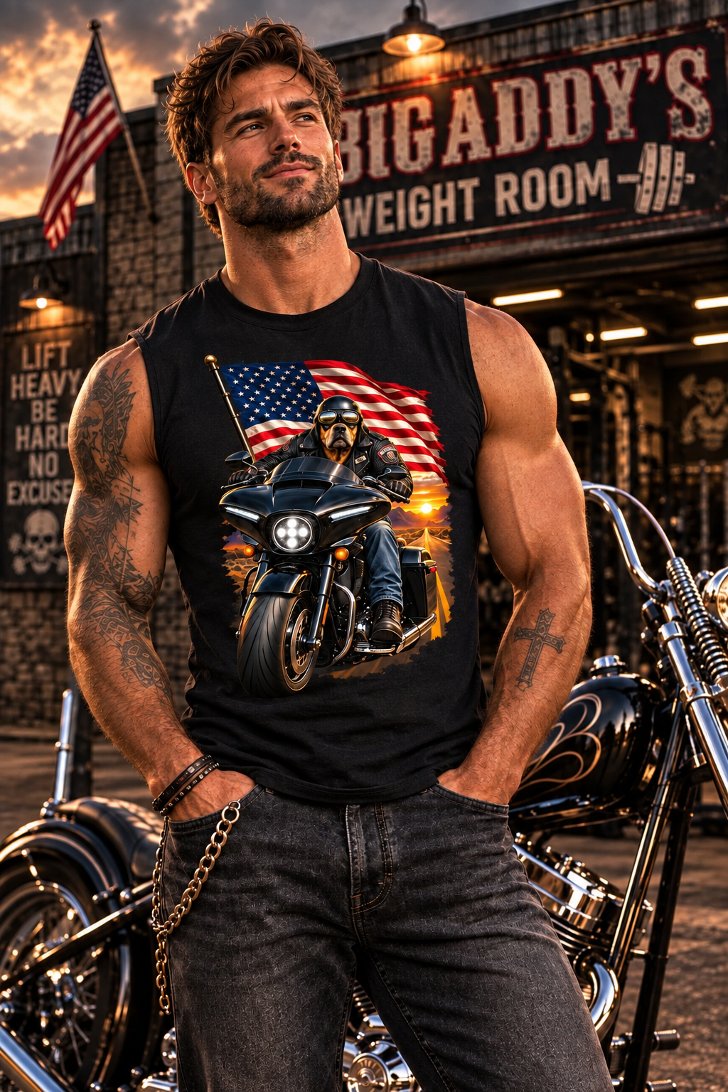 Man in the black American Dog men's tank top with the flag bulldog biker graphic outside a gym
