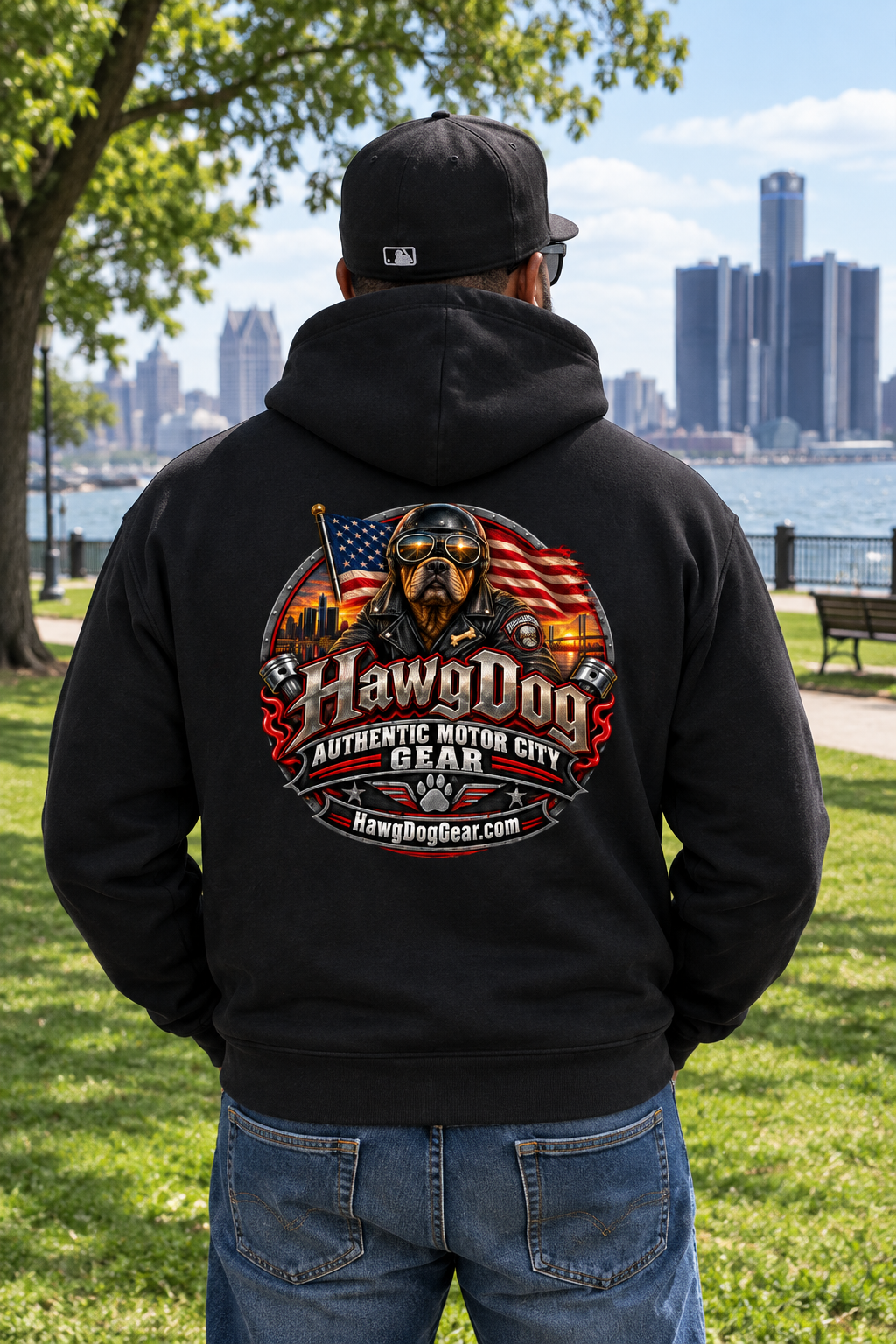 Back of the black American Dog hoodie with the HawgDog Motor City patch by the Detroit River