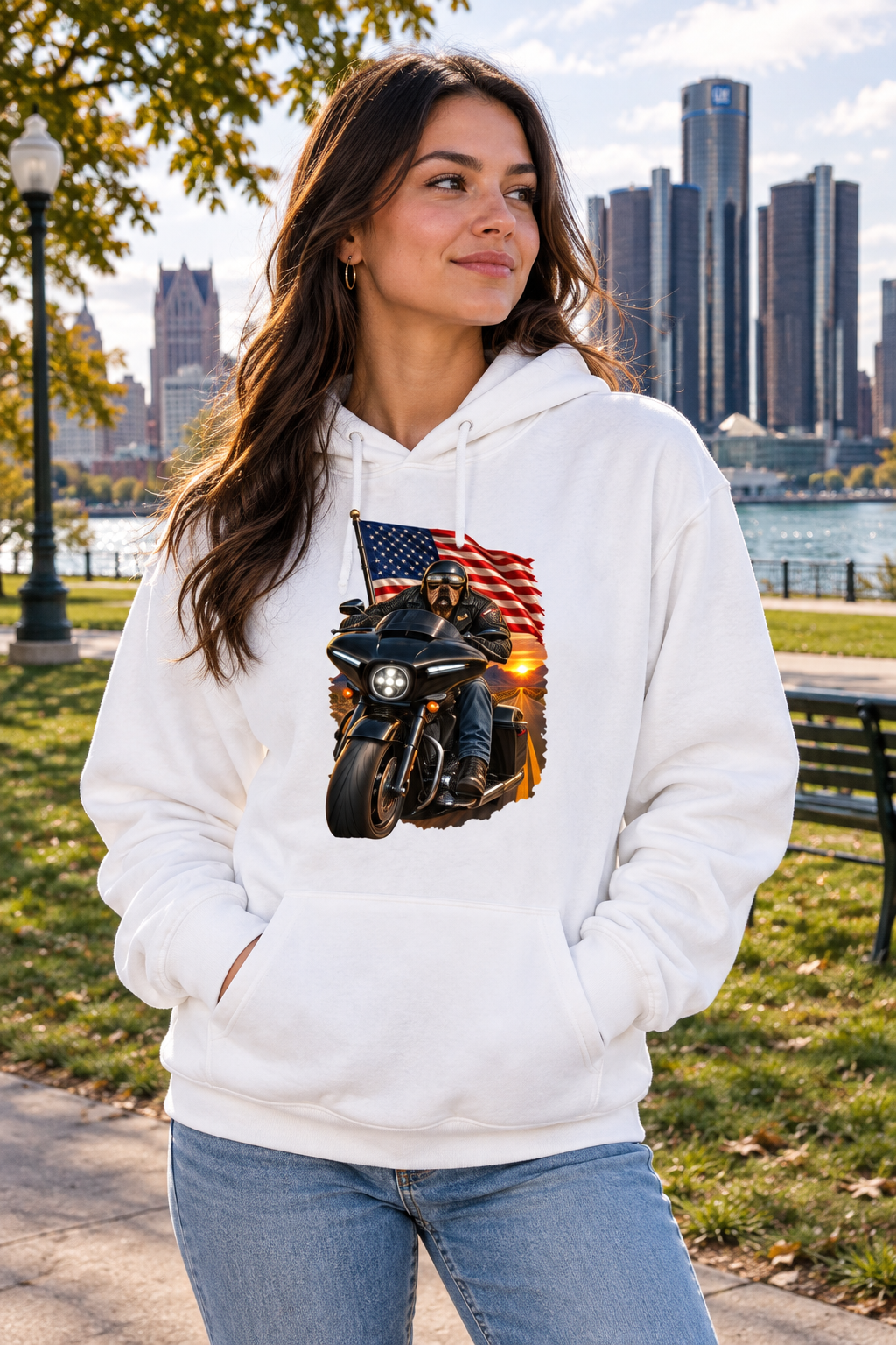 Woman in the white American Dog hoodie on the Detroit riverfront