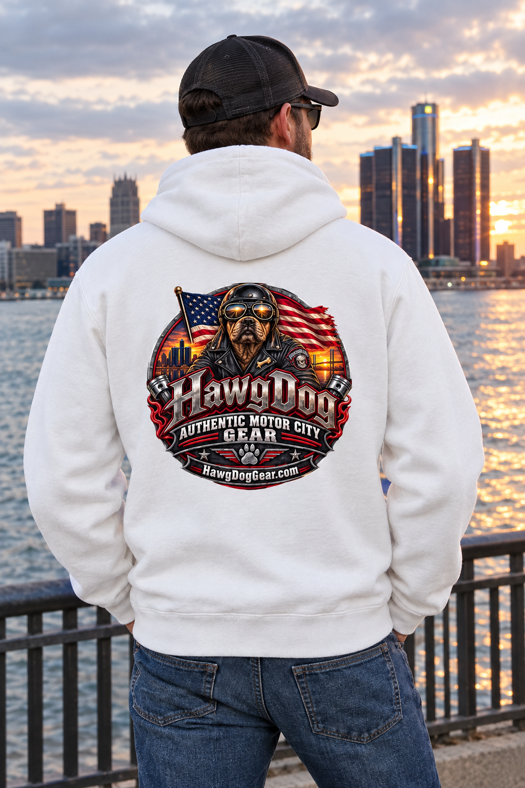 Back of the white American Dog hoodie with the HawgDog patch and Detroit skyline