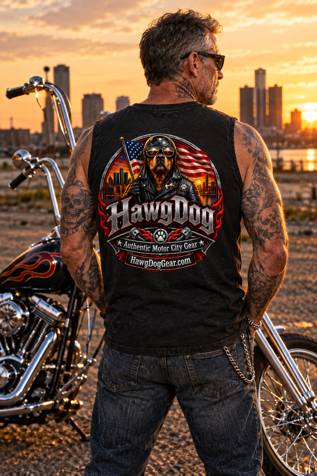 Back of the black American Dog men's tank top with the HawgDog Motor City patch by a motorcycle