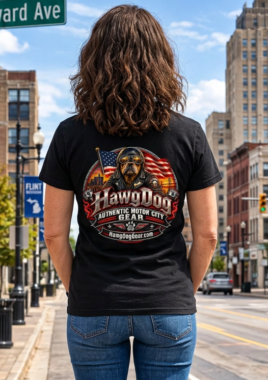 Back of the black American Dog tee with the HawgDog Motor City patch downtown