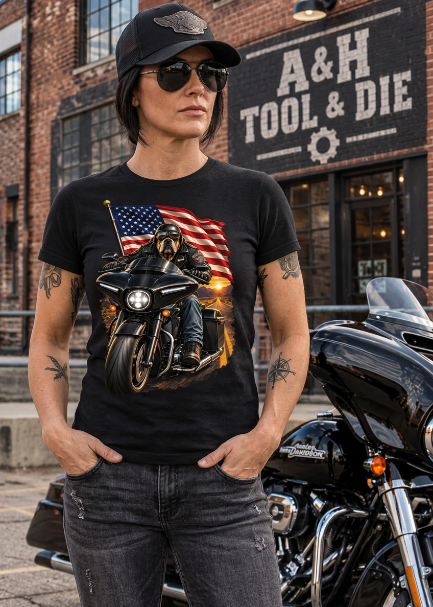 Man in the black American Dog tee by his motorcycle outside a Michigan tool and die shop
