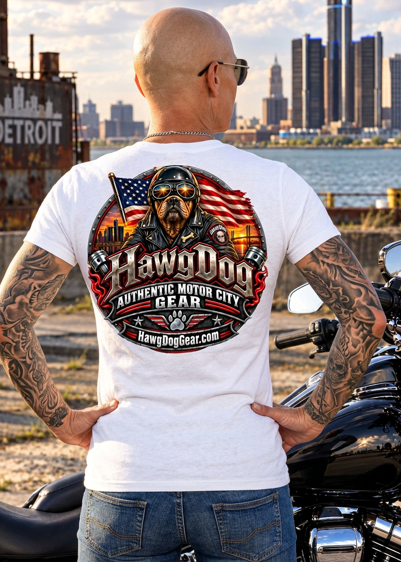 Back of the white American Dog tee with the HawgDog patch and Detroit skyline