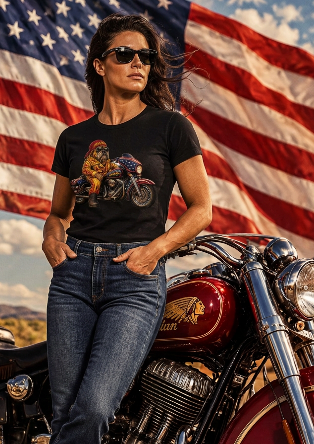 Man in the black Barkster tee by a red motorcycle and American flag